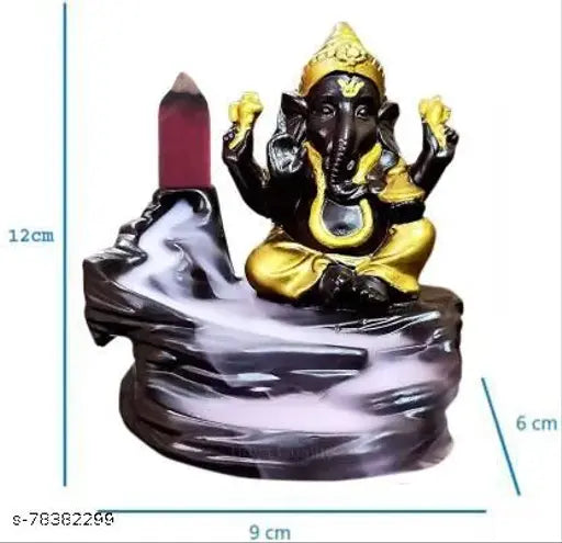 A Khushi handcrafted showpiece, combines a blue resin smoke backflow and a gold figurine, with a matching green resin smoke backflow cone; decorative, gifting, home accents