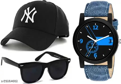 Black baseball cap, black sunglasses with blue strap, and blue watch with blue band. The image also contains a pair of sunglasses in the background
