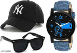 Black baseball cap, black sunglasses with blue strap, and blue watch with blue band. The image also contains a pair of sunglasses in the background