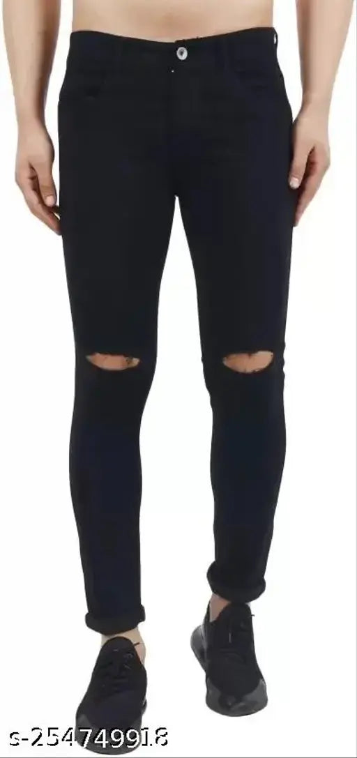 Slim fit black denim knee-cut jeans by VYESH - high-quality men's trousers, trendy and stylish