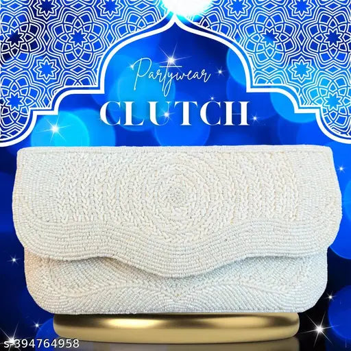 White pearl-embossed clutch for women