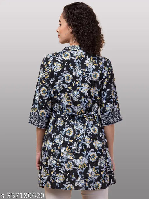 Rayon black grey Inuka by Hive91 tunic with 3/4 sleeves and mandarin collar, printed net design on long length (34 inches), great for various occasions, made in India