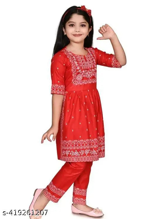 Red baby girl's festive party kurta and pant set, Indian cotton blend with churidar bottom, printed round neck, 3/4 sleeves, suitable for every occasion