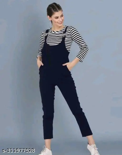 Navy blue cotton blend dungaree set for women and girls with three-quarter sleeves and striped top, manufactured in India