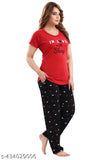 Printed cotton night suit with short sleeves and polyester bottom, stylish printed net pattern