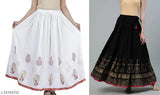 Designer Fashionista Women's rayon Western skirts, one white and one black with Jaipuri gold printed long full-length skirt, ideal for weddings and parties. Available in various sizes up to a waist size of 38 inches and free size (waist: 36in, length: 40in). Made in India