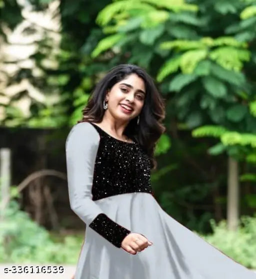 Georgette embroidered kurti, long-sleeved Indian women's clothing, solid design, M-XXXL sizes