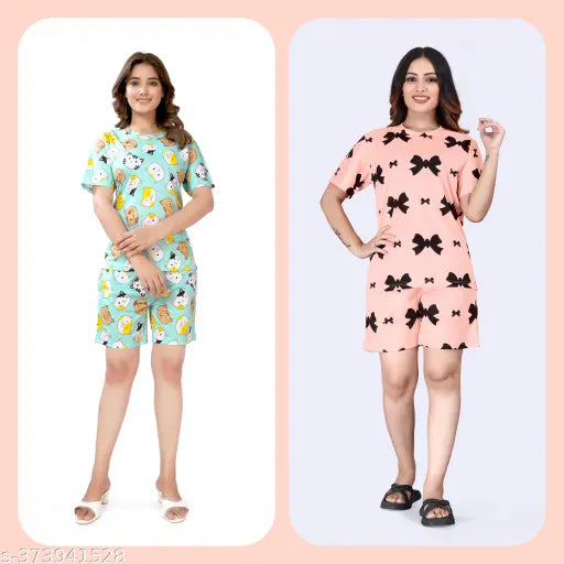 Premium polycotton night suit set for women, digital printed with half sleeves and shorts. Includes two piece combo with elastic and side pockets, suitable for all women