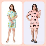 Premium polycotton night suit set for women, digital printed with half sleeves and shorts. Includes two piece combo with elastic and side pockets, suitable for all women