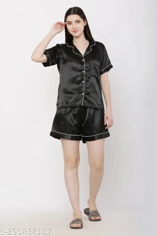 Indian-crafted satin half night suit, soft, elegant, V-neck top, relaxed fit bottoms