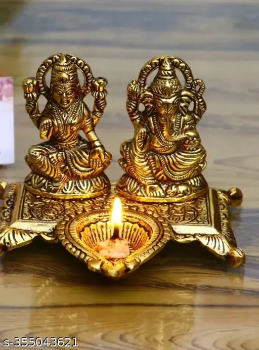 Metal Laxmi Ganesha puja idol with deepak, Indian devotional figure on a 10cm x 10cm base