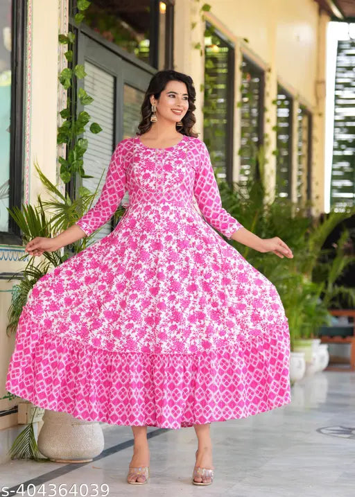 Rayon flared floral print kurta, three-quarter sleeves, suitable for casual or formal events. Made in India
