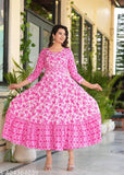 Rayon flared floral print kurta, three-quarter sleeves, suitable for casual or formal events. Made in India
