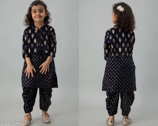 Gold printed Rayon kurta dhoti jacket style for girls, navy blue with three-quarter sleeves. Indian ethnic wear for 4-14 years
