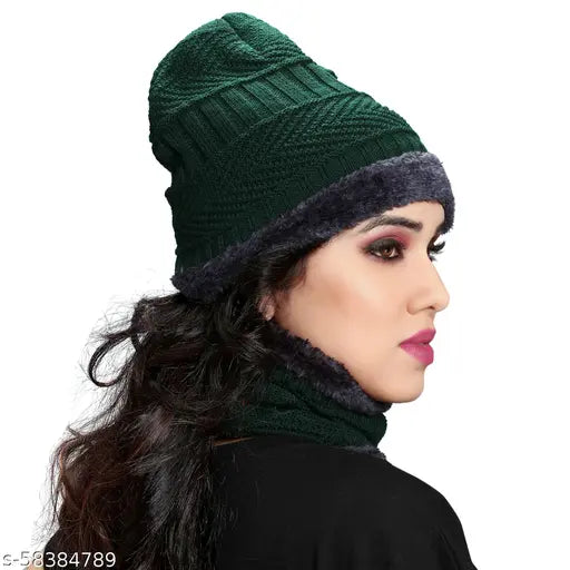 Dark green knit beanie hat with neck warmer