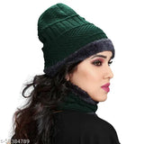 Dark green knit beanie hat with neck warmer