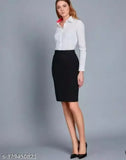 Black pencil skirt, knee length, tailored with zip closure