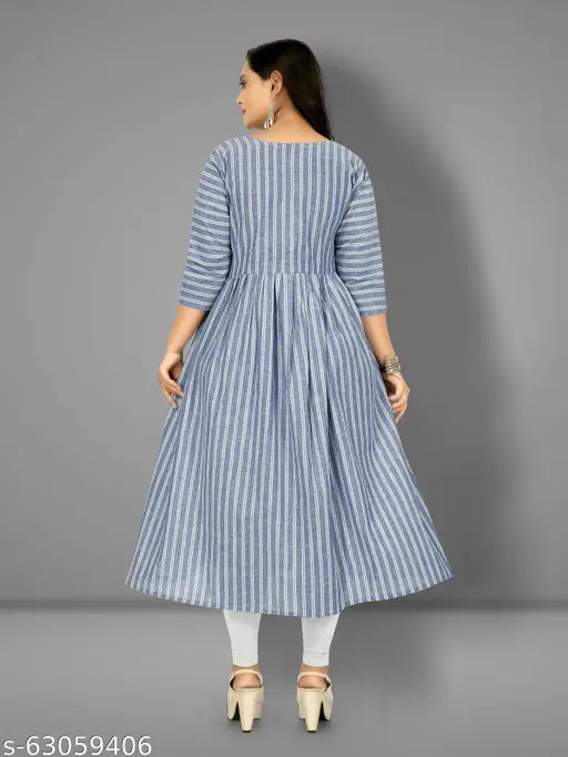 Blue and white striped cotton flared kurta