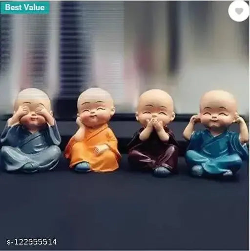 Handcrafted multi-color Buddha monk figurines (4 pieces) for car dashboard, premium quality automobile showpiece