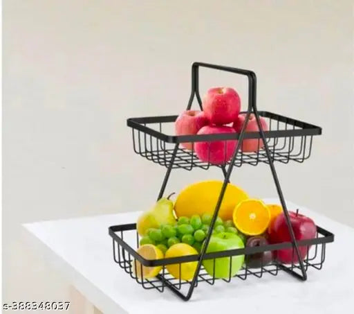 Black metal 2-tier vegetable storage basket, perfect for kitchen organization and fresh produce display, made in India (12cm x 40cm x 16cm)