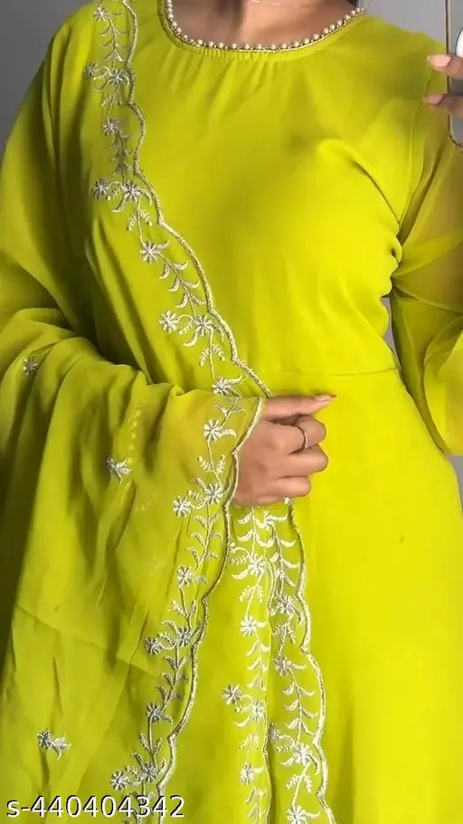 Lime green georgette Anarkali gown with embroidered dupatta, perfect for festive occasions