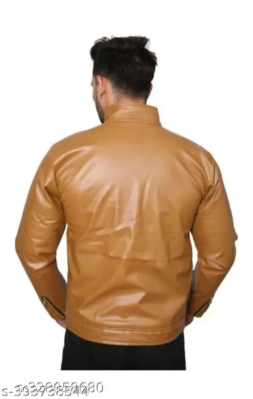Black faux leather rider jacket, solid pattern, long sleeves, waterproof, safe pocket for mobile. Stylish leather jacket for men." (106 characters)