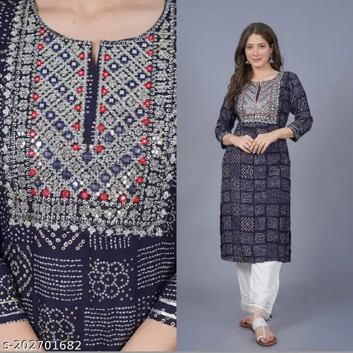 Woman Rayon Embroidery Work Bandhani Print Kurta | Pack- 1 Kurta Only