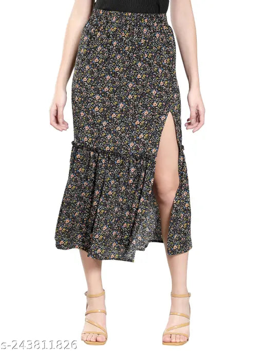 Black crepe floral printed side slit frill skirt