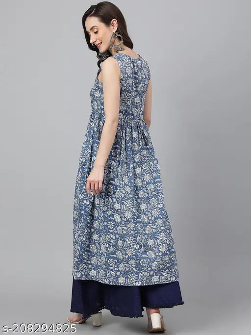 Blue cotton floral print flared kurta