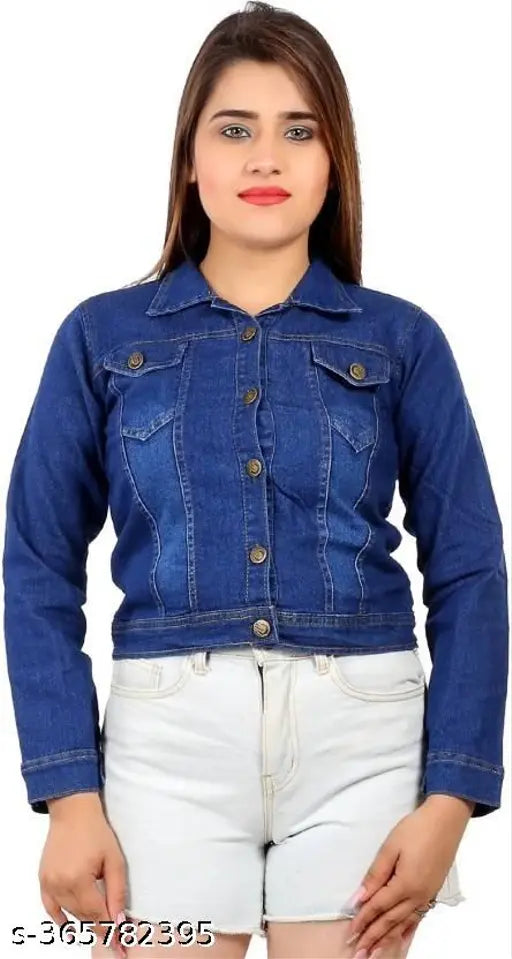Dark blue denim jacket, button front, short sleeves