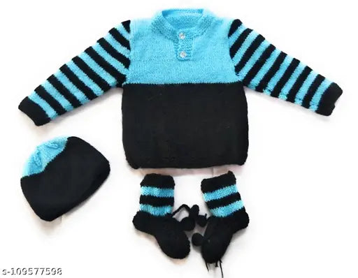 Handmade blue & black woolen knitted sweater set (3 pcs) for 0-3 months kids, unisex design with embroidered net detail