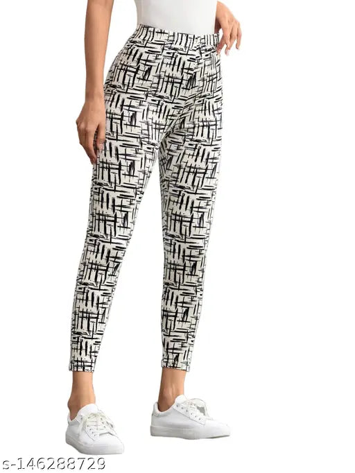 Printed lycra jeggings for women's sports and yoga wear, new style with full bottom length and elastic waist, available in sizes 26, 28, 30, 32 (waist 26/28/30/32, hip 30/32/34/36, length 39in)