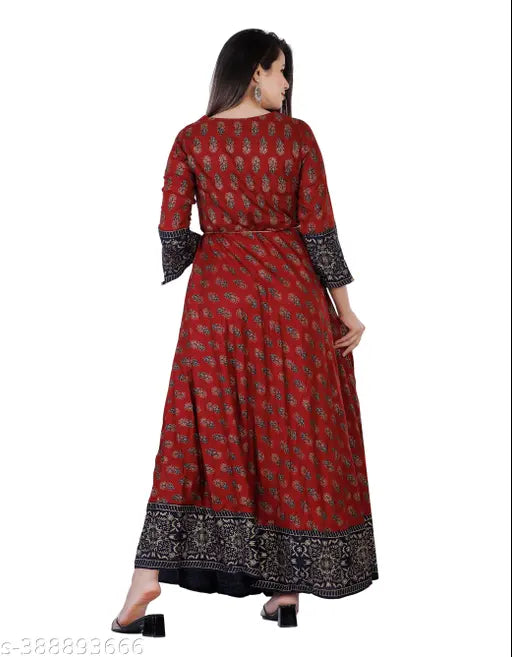 Marron rayon Anrkali kurta with umbrella cut, gold print & blue border, perfect for parties or office wear. Made in India