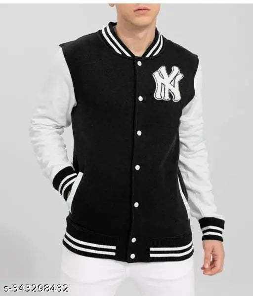 NY varsity jacket, black and white varsity style jacket with white lettering, boys' fashion, zip closure