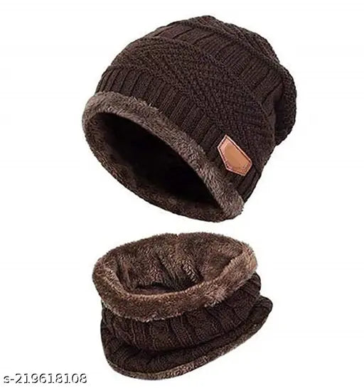 Brown unisex 2-in-1 winter woolen cap, neck scarf & beanie set - high-quality acrylic knit with fur lining, perfect for outdoor activities & gift idea