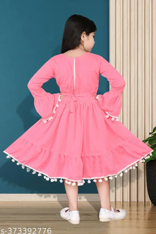 Girls' cotton party dress, pink, flared skirt, elastic waistband
