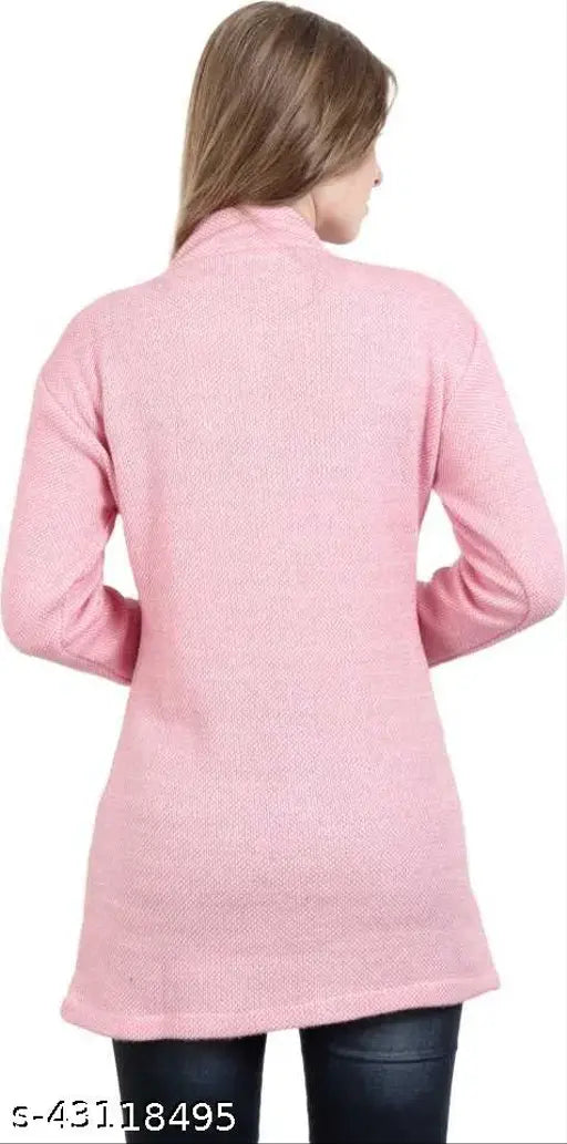 Woolen solid pink cardigan coat for women, long-sleeved, Matelco brand, India origin