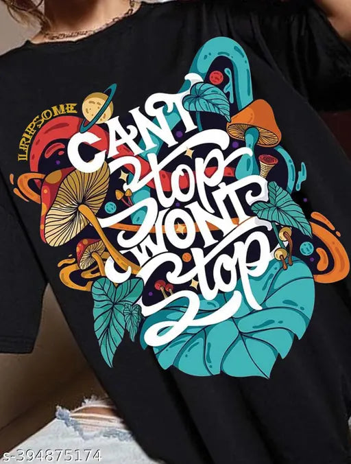 A blue oversized t-shirt with a design on it, featuring a variety of vibrant colors and patterns