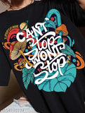 A blue oversized t-shirt with a design on it, featuring a variety of vibrant colors and patterns