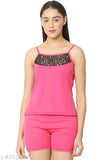 Dark pink satin nightsuit for women, sleeveless and short, solid pattern, size S-XL, made in India