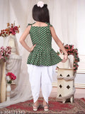 Printed crepe clothing set for kids, lightweight & breathable, includes hairband. Made in India