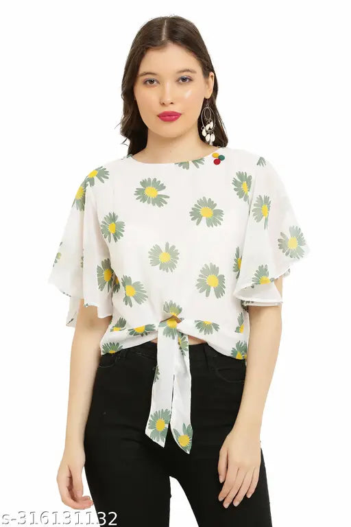 Georgette short-sleeved printed top by Jugly Girls, premium Indo-western women's fashion