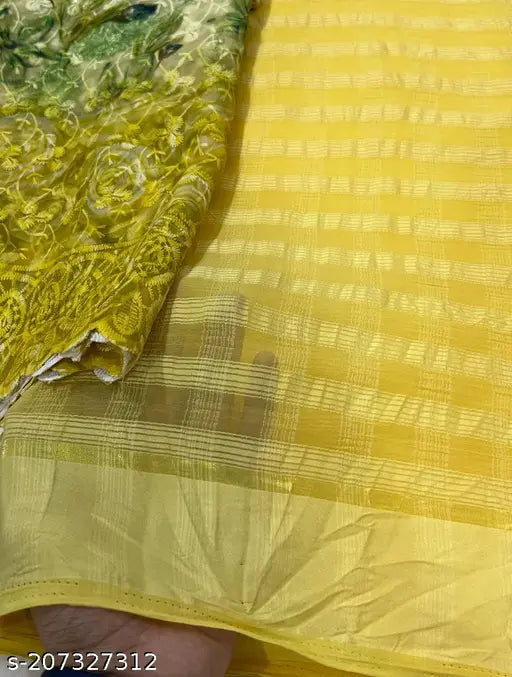 Golden chiffon kanpe saree with embroidered net blouse, Indian fashion for free-size women