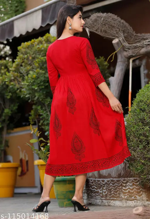 Soft rayon embroidered summer kurti with three-quarter sleeves, suitable for women's festive wear