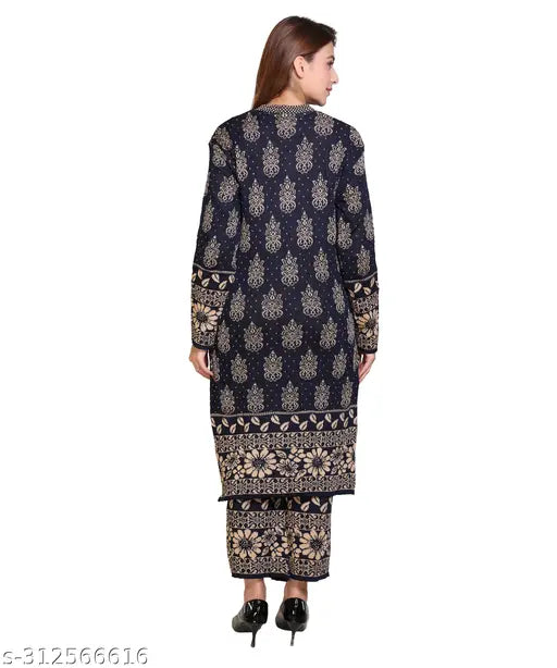 Navy wool kurta plazzo set with printed net pattern, three-quarter sleeves, and pants for women, made from 100% acrylic wool. Comfortable fit in this winter season. Made in India