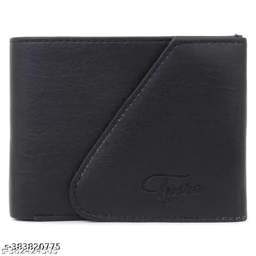 Solid faux leather tri-fold wallet, men's slim design with ID window, coin pocket, multiple card slots. Top-selling, free size (11cm x 4cm), presented in gift box
