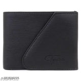 Solid faux leather tri-fold wallet, men's slim design with ID window, coin pocket, multiple card slots. Top-selling, free size (11cm x 4cm), presented in gift box