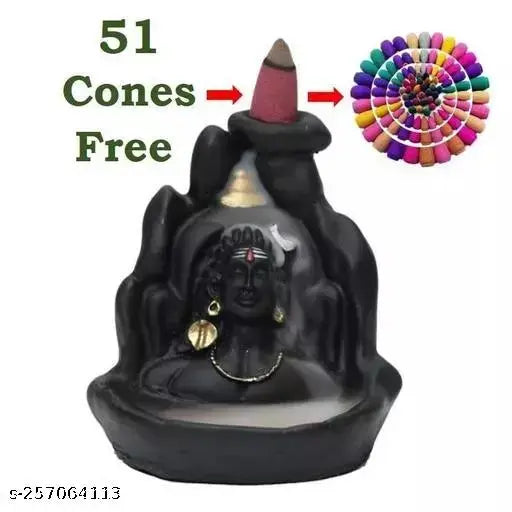 Black resin Adiyogi BackFlow smoke fountain with 51 scented cones, Indian-crafted statue on display
