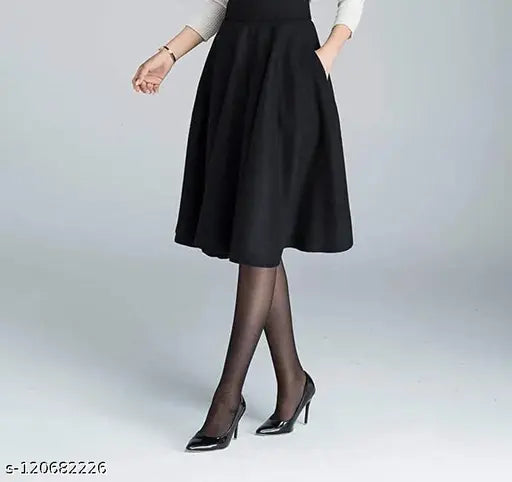 Black knee-length skirt with visible stockings and high heels, sleek design