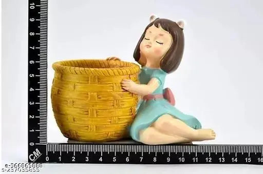Yellow resin figurine: Cute thinking dreaming girl with basket showpiece for home decor, office, car, or gift